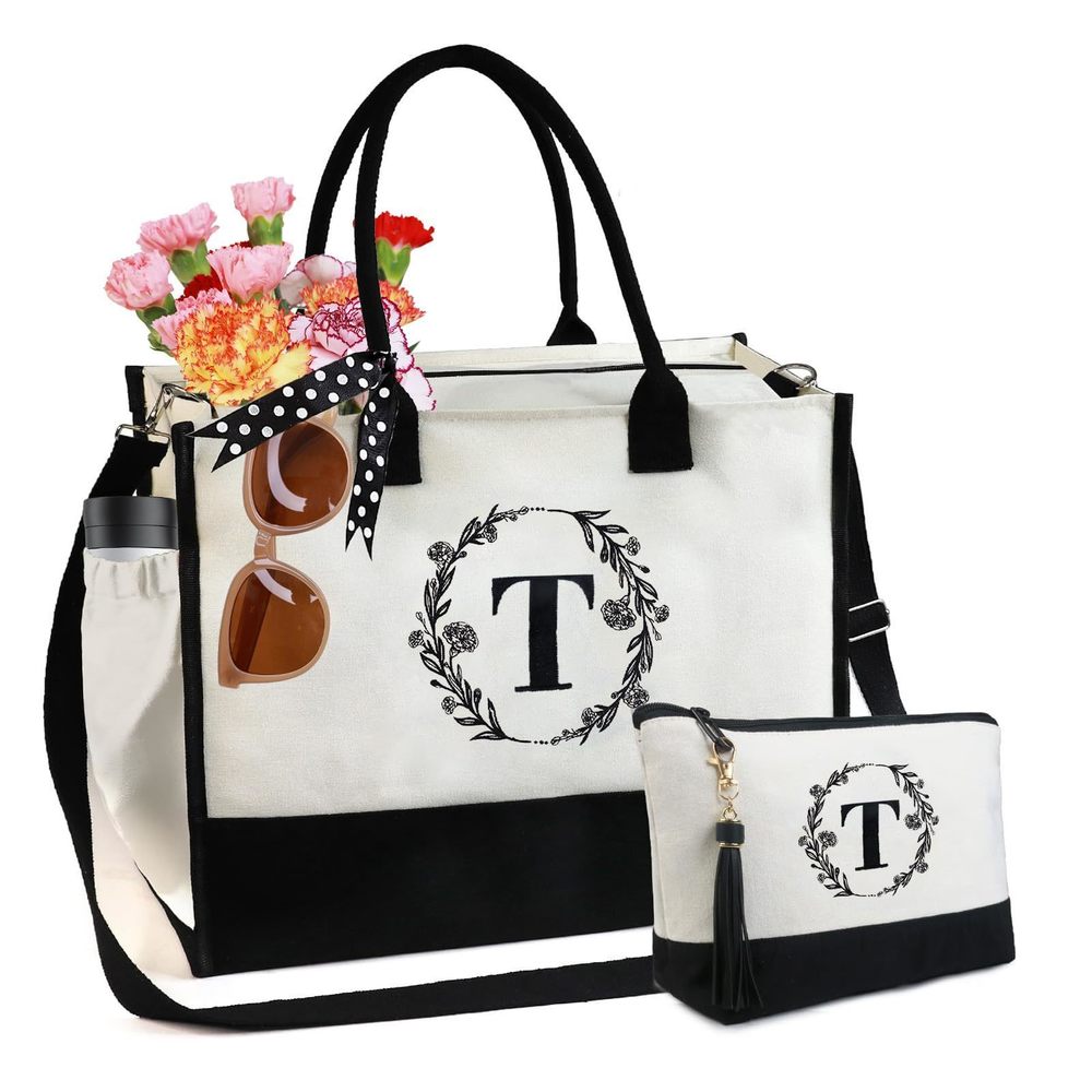 Basket Gifting Initial T Canvas Bag Embroidered Carnation Personalized UwU